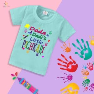 Holi T-shirt for Kids Unisex Holi Topwear Outfit Printed Half Sleeve Tshirt Dress for Boy n Girl "Grandpa's Little Pichkari"
