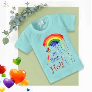 Holi T-shirt for Kids Unisex Holi Topwear Outfit Printed Half Sleeve Tshirt Dress for Boy n Girl "My First Holi Rainbow"