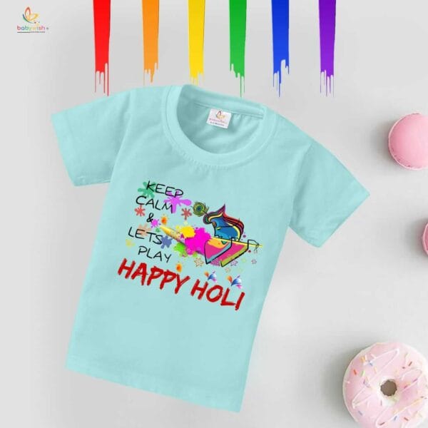 Holi T-shirt for Kids Unisex Holi Topwear Outfit Printed Half Sleeve Tshirt Dress for Boy n Girl "Keep Calm It's Holi" - Image 4