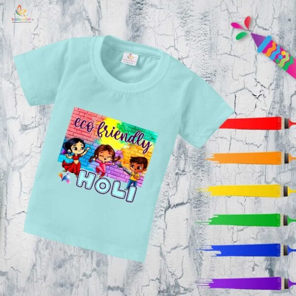 Holi T-shirt for Kids Unisex Holi Topwear Outfit Printed Half Sleeve Tshirt Dress for Boy n Girl "Play Ecofriendly Holi" - Image 4