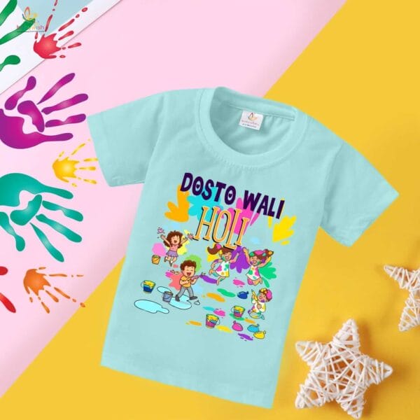 Holi T-shirt for Kids Unisex Holi Topwear Outfit Printed Half Sleeve Tshirt Dress for Boy n Girl "Dosto Wali Group Holi" - Image 4
