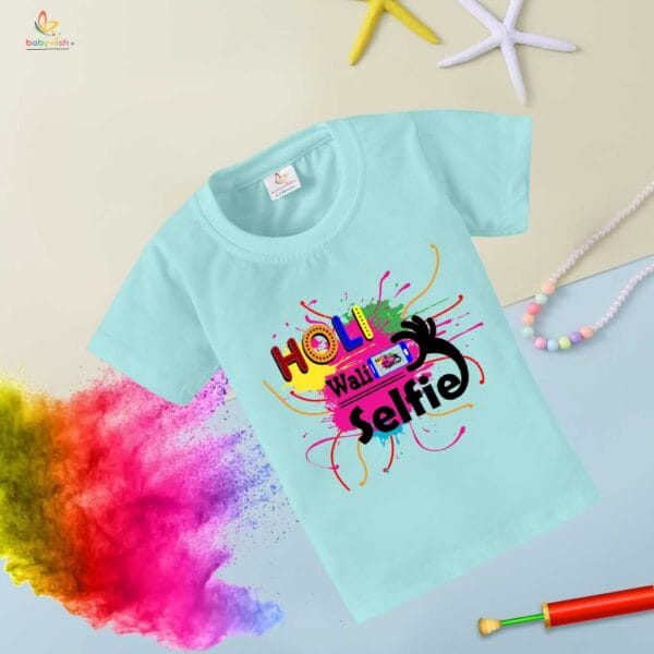 Holi T-shirt for Kids Unisex Holi Topwear Outfit Printed Half Sleeve Tshirt Dress for Boy n Girl "Holi Wali Selfie" - Image 3