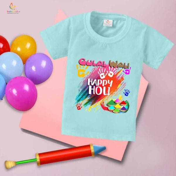 Holi T-shirt for Kids Unisex Holi Topwear Outfit Printed Half Sleeve Tshirt Dress for Boy n Girl "Gulal Wali Happy Holi" - Image 2