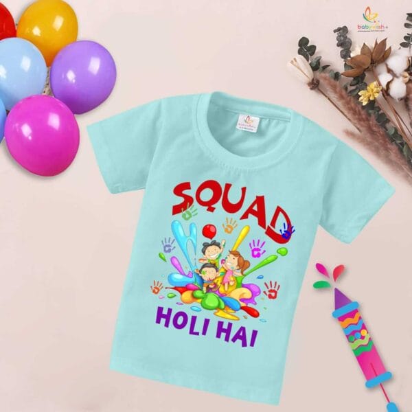 Holi T-shirt for Kids Unisex Holi Topwear Outfit Printed Half Sleeve Tshirt Dress for Boy n Girl "Squad me Holi" - Image 2