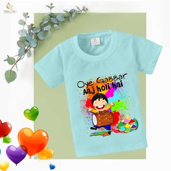 Holi T-shirt for Kids Unisex Holi Topwear Outfit Printed Half Sleeve Tshirt Dress for Boy n Girl "Oye Gabbar Aaj Colorful Holi Hai" - Image 3