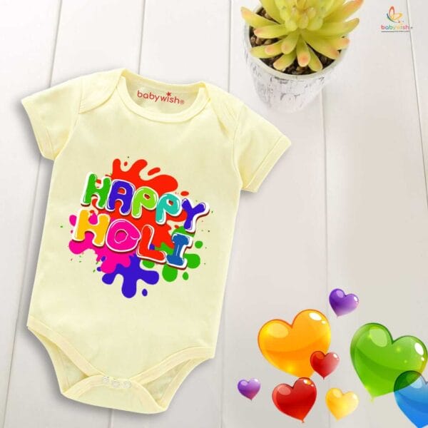 Baby First Holi Romper Clothes Baby holi festival Bodysuits Newborn Outfit Envelop Neck Half Sleeve Unisex Onesies "Colorful Holi" - Image 2