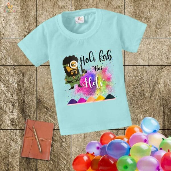 Holi T-shirt for Kids Unisex Holi Topwear Outfit Printed Half Sleeve Tshirt Dress for Boy n Girl "Gabbar printed on Holi" - Image 2