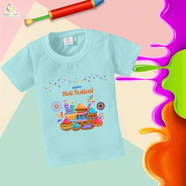 Holi T-shirt for Kids Unisex Holi Topwear Outfit Printed Half Sleeve Tshirt Dress for Boy n Girl"Happy Holi Festivals Watergun" - Image 3