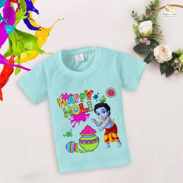 Holi T-shirt for Kids Unisex Holi Topwear Outfit Printed Half Sleeve Tshirt Dress for Boy n Girl"Holi Celebrations with Kanha" - Image 3