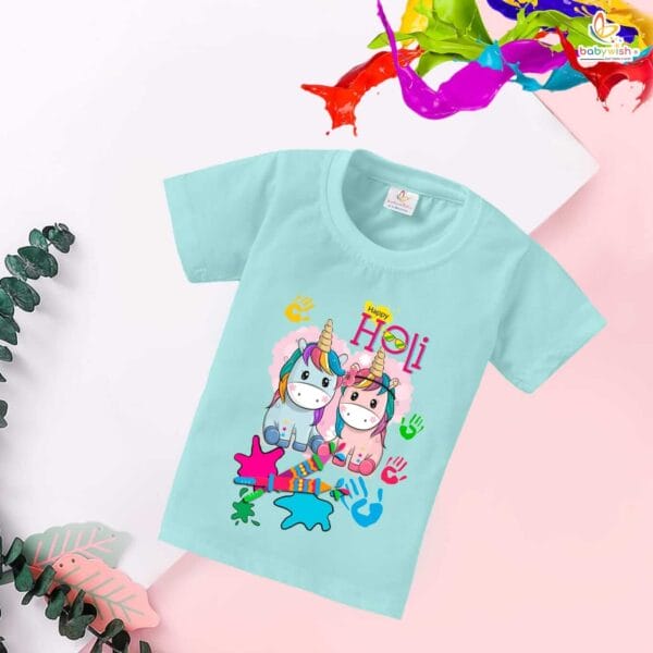 Holi T-shirt for Kids Unisex Holi Topwear Outfit Printed Half Sleeve Tshirt Dress for Boy n Girl"Holi Celebrations with Unicorn" - Image 3