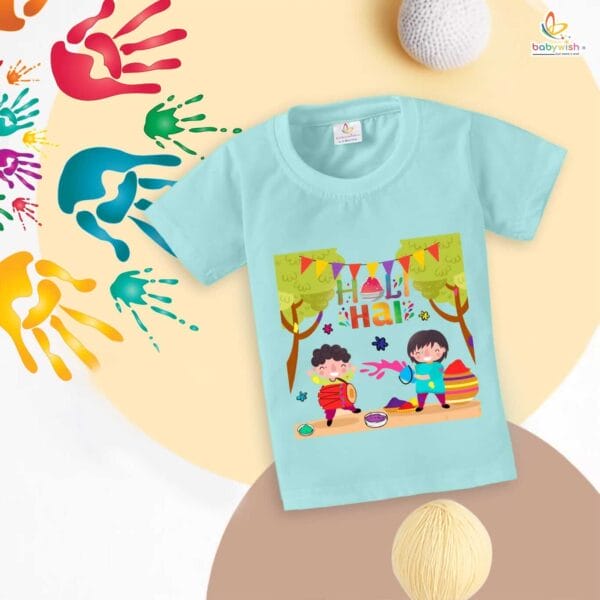 Holi T-shirt for Kids Unisex Holi Topwear Outfit Printed Half Sleeve Tshirt Dress for Boy n Girl"Happy Holi Hai Dosto" - Image 2