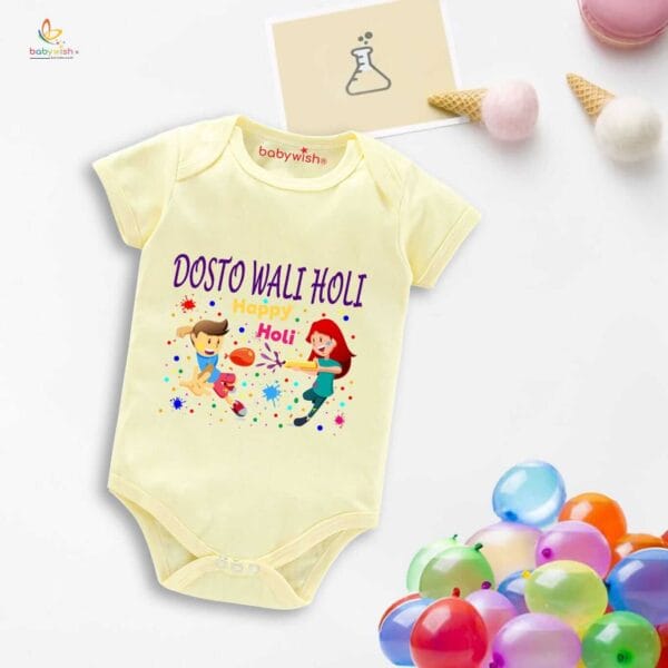 Baby First Holi Romper Clothes Baby holi festival Bodysuits Newborn Outfit Envelop Neck Half Sleeve Unisex Onesies "Dosto Wali Holi Festival" - Image 2