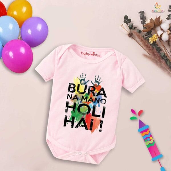 Baby First Holi Romper Clothes Baby holi festival Bodysuits Newborn Outfit Envelop Neck Half Sleeve Unisex Onesies "Bura Na Mano Holi Hai" - Image 3