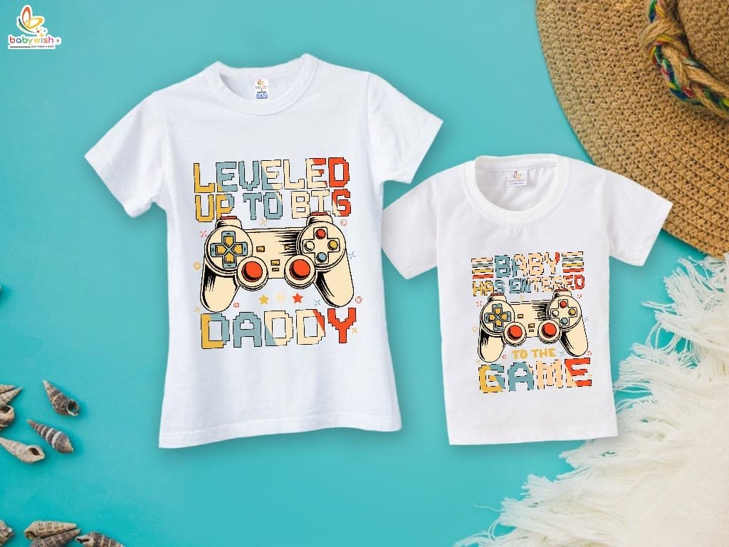 Fathers Day Special Combo White T-Shirts Sets for Father and KId Combo Pack of 2 | Leveled Up to Big Daddy |