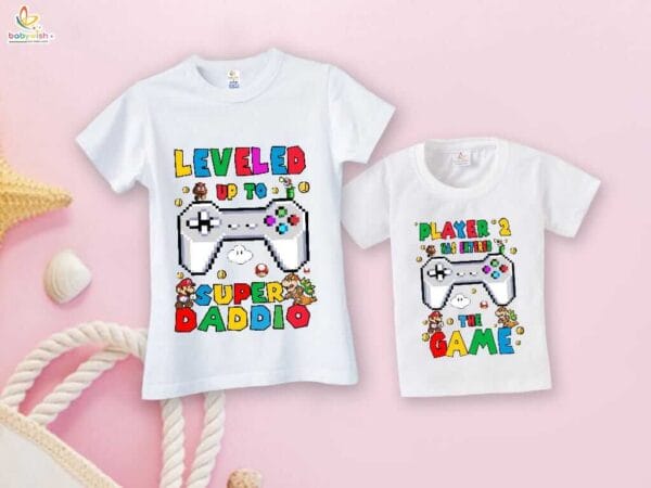 Fathers Day Special Combo White T-Shirts Sets for Father and KId Combo Pack of 2 |  Leveled Up to SUPER DADDIO |
