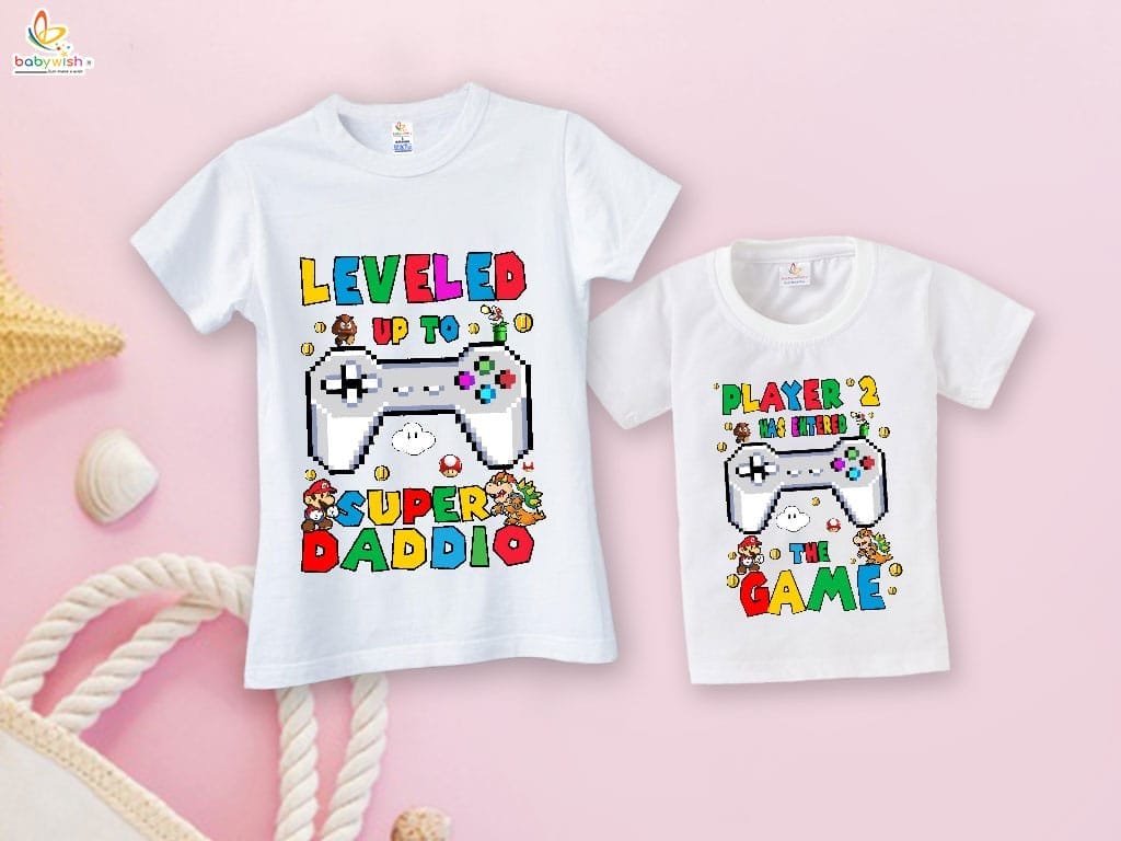 Fathers Day Special Combo White T-Shirts Sets for Father and KId Combo Pack of 2 | Leveled Up to SUPER DADDIO |