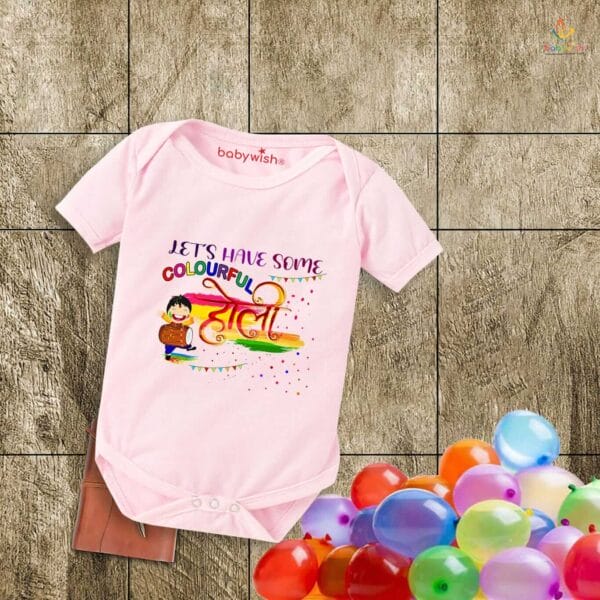 Baby First Holi Romper Clothes Baby holi festival Bodysuits Newborn Outfit Envelop Neck Half Sleeve Unisex Onesies "Let's Have Some Colorful Festival" - Image 3