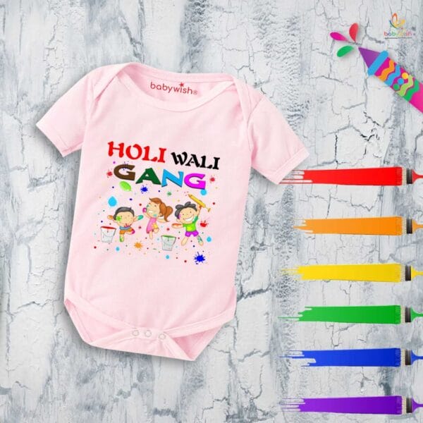 Baby First Holi Romper Clothes Baby holi festival Bodysuits Newborn Outfit Envelop Neck Half Sleeve Unisex Onesies "Holi Wali Gang" - Image 3