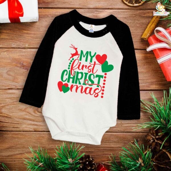 My First Christmas Romper | My First Christmas Heart Print Bodysuit for Baby Boys & Girls | Festive Holiday Outfit – Babywish - Image 3