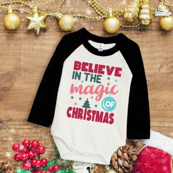 My First Christmas Romper | Believe in the Magic of Christmas Print Bodysuit for Baby Boys & Girls | Festive Holiday Outfit – Babywish - Image 3