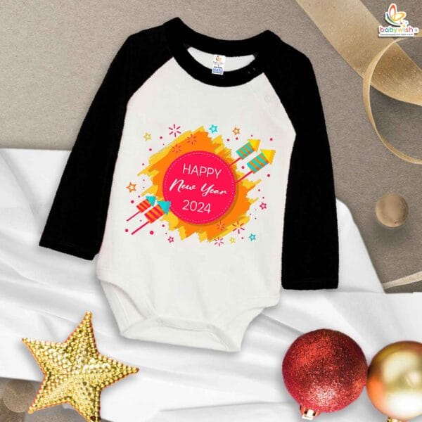 My First New Year Romper | Happy New Year Firecracker Print Full Sleeve Baby Bodysuit | Festive Winter Outfit for Boys & Girls – Babywish - Image 3