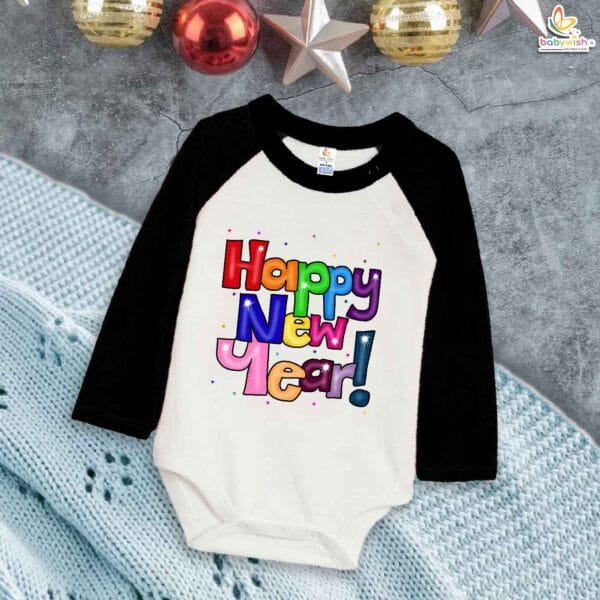 My First New Year Romper | Happy New Year! Print Full Sleeve Baby Bodysuit | Winter Festival Outfit for Baby Boys & Girls – Babywish - Image 3