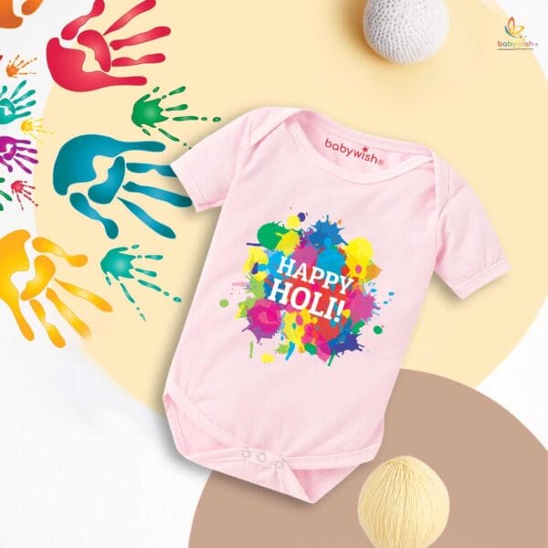 Baby First Holi Romper Clothes Baby holi festival Bodysuits Newborn Outfit Envelop Neck Half Sleeve Unisex Onesies "Multicolor Holi Print Celebration" - Image 3