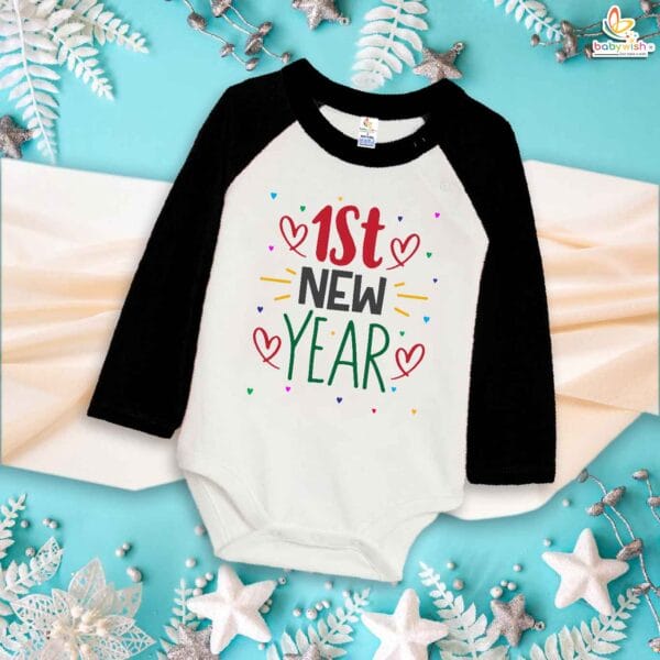 My First New Year Romper | 1st New Year Print Full Sleeve Baby Bodysuit | Winter Festive Outfit for Boys & Girls – Babywish - Image 3