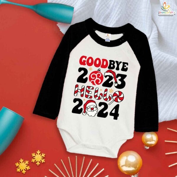 My First New Year Romper | Goodbye 2023 Hello 2024 Hat Print Full Sleeve Baby Bodysuit | Winter Festive Outfit for Boys & Girls – Babywish - Image 3
