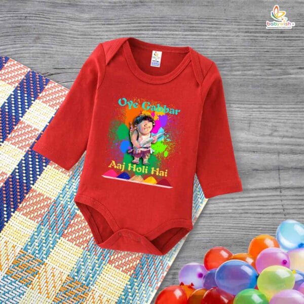 My First Holi Full Sleeve Romper – "Oye Gabbar Aaj Holi Hai" Bodysuit for Babies – Babywish - Image 4