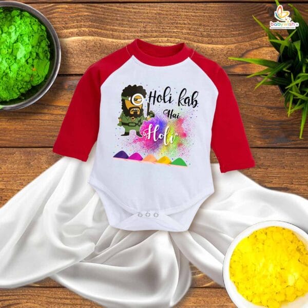 My First Holi Full Sleeve Romper – Gabbar Printed "My First Holi" Bodysuit for Babies – Babywish - Image 2