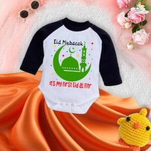 My First Eid Full Sleeves Romper – Baby Bodysuit with “Eid-Ul-Fitr Mubarak” Print | Islamic Festival Outfit for Infant Boys & Girls by Babywish