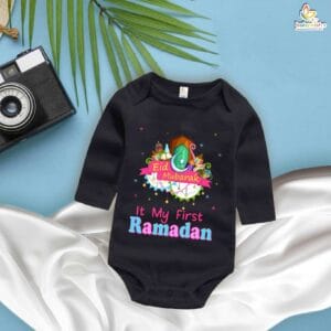 My First Ramadan Full Sleeves Romper – Baby Bodysuit with “First Ramadan Mubarak” Print | Modest Islamic Festival Outfit for Infant Boys & Girls by Babywish