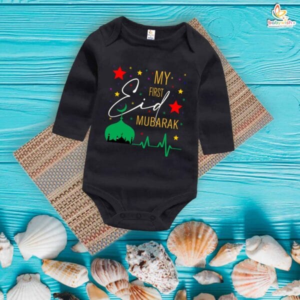 My First Eid Full Sleeves Romper – Baby Bodysuit with “Eid Mubarak” Print | Cute Islamic Festival Outfit for Infant Boys & Girls by Babywish - Image 2