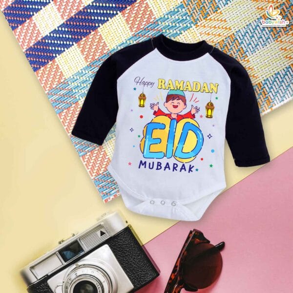 My First Eid Full Sleeves Romper – Baby Bodysuit with “Happy Ramadan Eid Mubarak” Print | Muslim Festival Outfit for Infant Boys & Girls by Babywish - Image 2