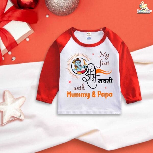 My First Ram Navami Baby T-Shirt – Full Sleeve “My First Ramnavmi with Mummy & Papa” Outfit for Infant Boy or Girl – Traditional Hindu Festival Clothing – Babywish - Image 3