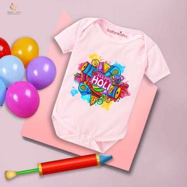 Baby First Holi Romper Clothes Baby holi festival Bodysuits Newborn Outfit Envelop Neck Half Sleeve Unisex Onesies "Music in Holi" - Image 3