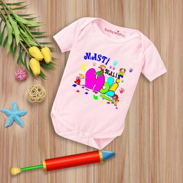 Baby First Holi Romper Clothes Baby holi festival Bodysuits Newborn Outfit Envelop Neck Half Sleeve Unisex Onesies "Masti Wali Holi" - Image 3