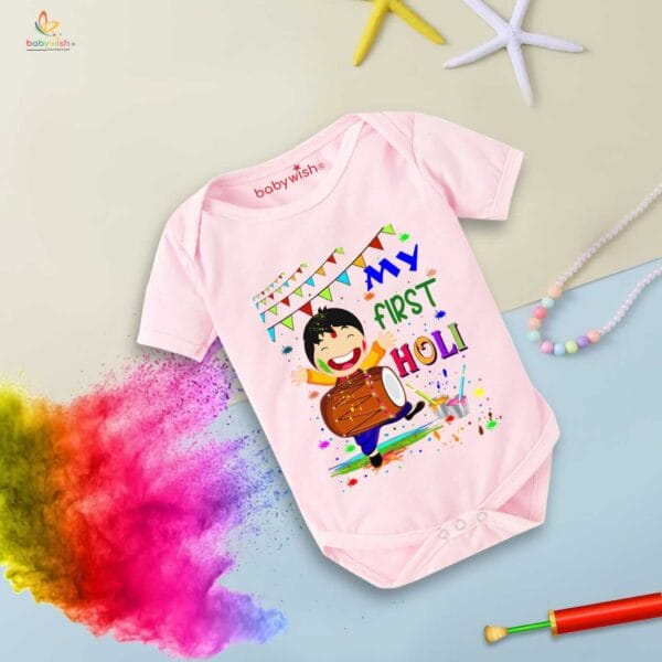 Baby First Holi Romper Clothes Baby holi festival Bodysuits Newborn Outfit Envelop Neck Half Sleeve Unisex Onesies "My First Holi with Music" - Image 3