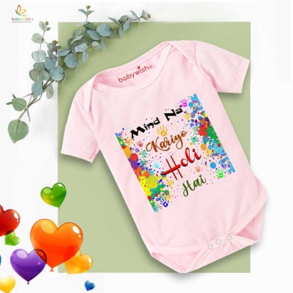 Baby First Holi Romper Clothes Baby holi festival Bodysuits Newborn Outfit Envelop Neck Half Sleeve Unisex Onesies "Mind Na Kariyo Holi Hai" - Image 3