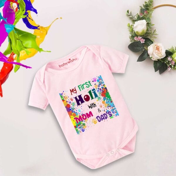 Baby First Holi Romper Clothes Baby holi festival Bodysuits Newborn Outfit Envelop Neck Half Sleeve Unisex Onesies "Holi With Mom & Dad" - Image 3