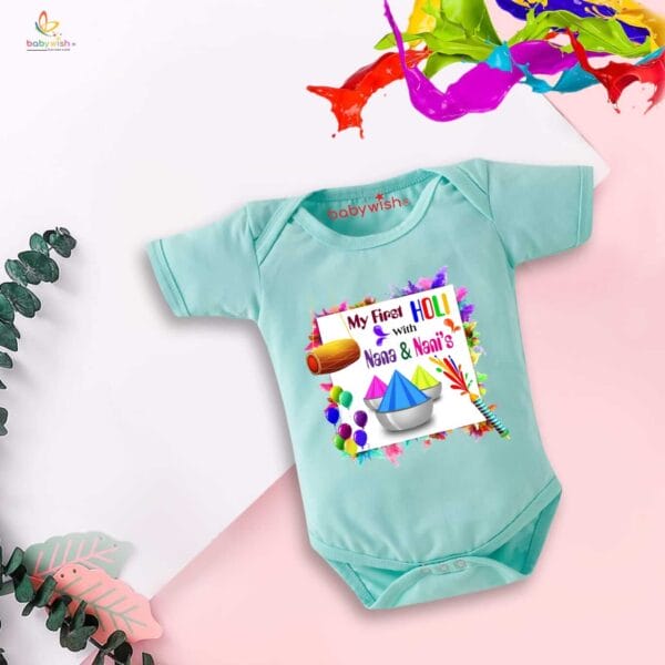 Baby First Holi Romper Clothes Baby holi festival Bodysuits Newborn Outfit Envelop Neck Half Sleeve Unisex Onesies "Holi With Nani & Nana" - Image 4