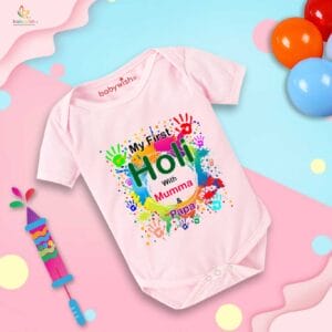 Baby First Holi Romper Clothes Baby holi festival Bodysuits Newborn Outfit Envelop Neck Half Sleeve Unisex Onesies "Holi with mumma"