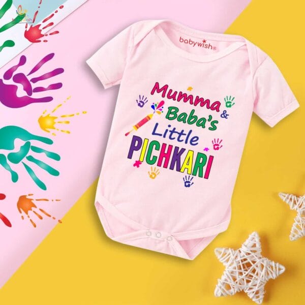 Baby First Holi Romper Clothes Baby holi festival Bodysuits Newborn Outfit Envelop Neck Half Sleeve Unisex Onesies "Baba's Pichkari" - Image 2