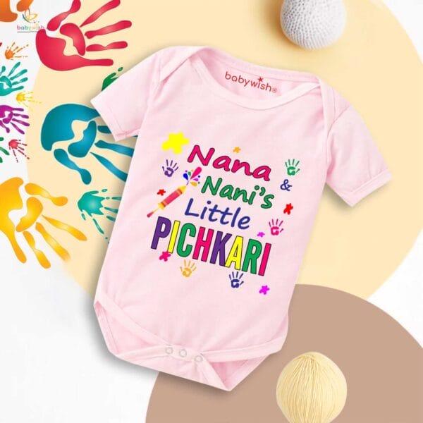 Baby First Holi Romper Clothes Baby holi festival Bodysuits Newborn Outfit Envelop Neck Half Sleeve Unisex Onesies "Nana's Nani Little Pichkari"