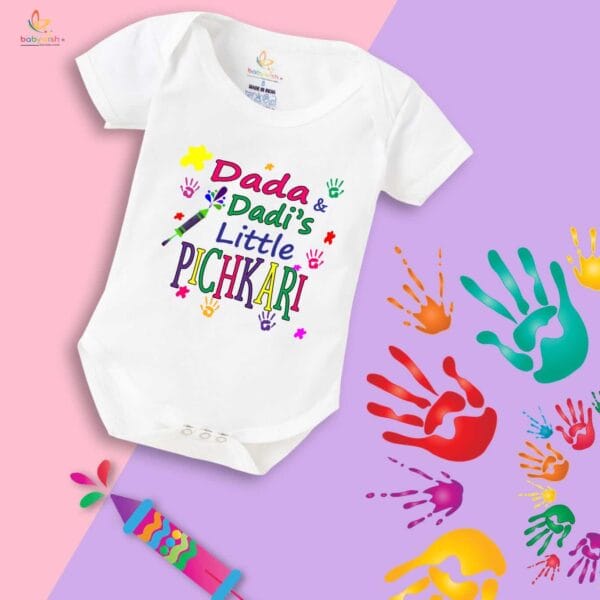 Baby First Holi Romper Clothes Baby holi festival Bodysuits Newborn Outfit Envelop Neck Half Sleeve Unisex Onesies "Grandpa's Little Pichkari" - Image 5