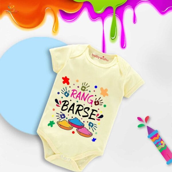 Baby First Holi Romper Clothes Baby holi festival Bodysuits Newborn Outfit Envelop Neck Half Sleeve Unisex Onesies "Rang Barse Holi Print" - Image 4
