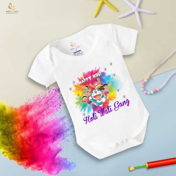 Baby First Holi Romper Clothes Baby holi festival Bodysuits Newborn Outfit Envelop Neck Half Sleeve Unisex Onesies "Happy Holi Cartoon Print" - Image 2