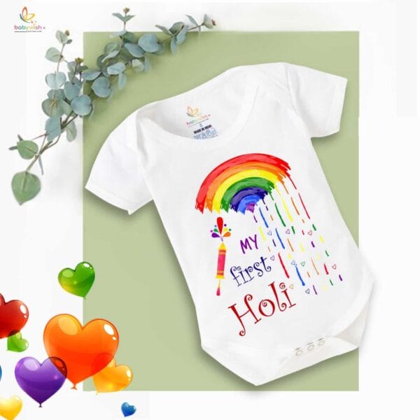 Baby First Holi Romper Clothes Baby holi festival Bodysuits Newborn Outfit Envelop Neck Half Sleeve Unisex Onesies "My First Holi Rainbow" - Image 2