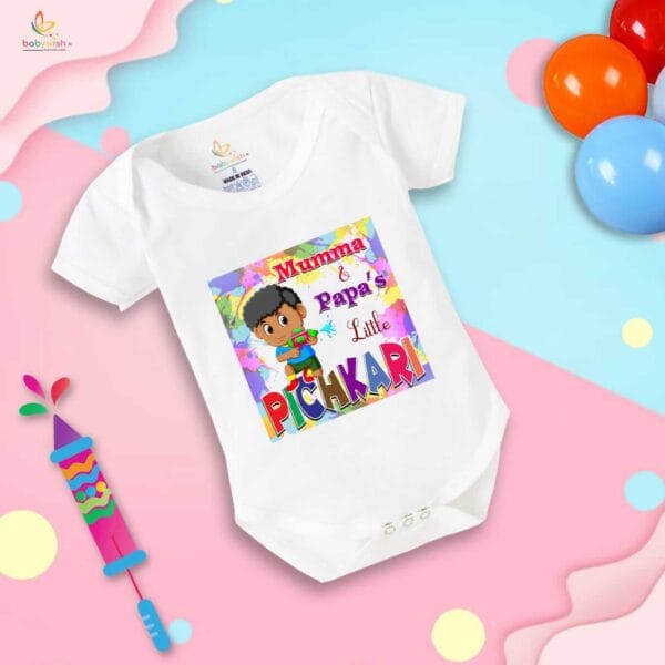 Baby First Holi Romper Clothes Baby holi festival Bodysuits Newborn Outfit Envelop Neck Half Sleeve Unisex Onesies "Boy Playing with Pichkari" - Image 2